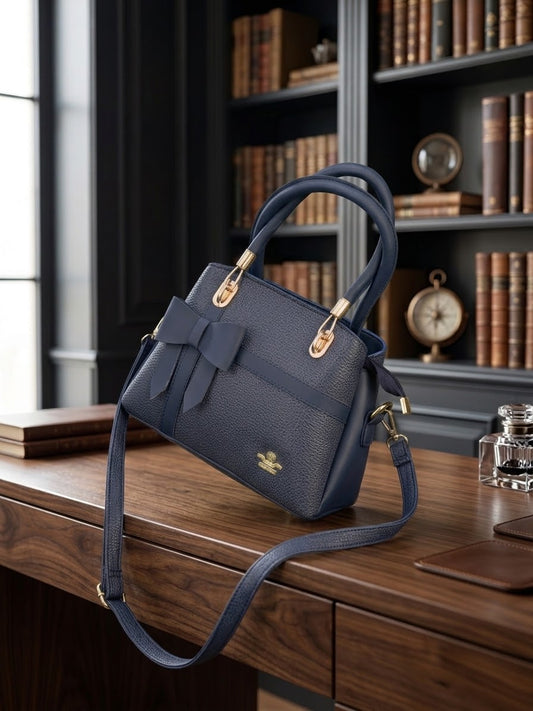 Sophisticated Bow-Accented Navy Blue Handbag