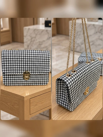 Chic Houndstooth Chain-Strap Crossbody Bag