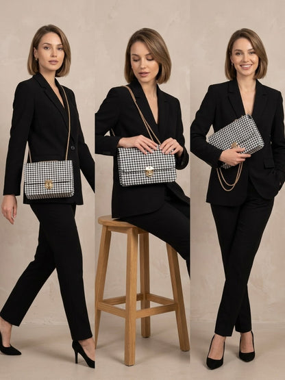 Chic Houndstooth Chain-Strap Crossbody Bag
