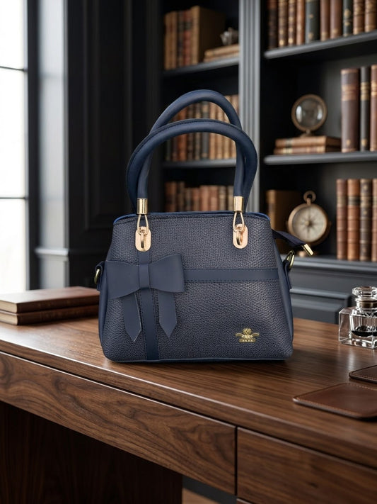 Sophisticated Bow-Accented Navy Blue Handbag