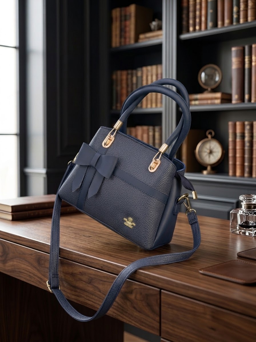 Sophisticated Bow-Accented Navy Blue Handbag